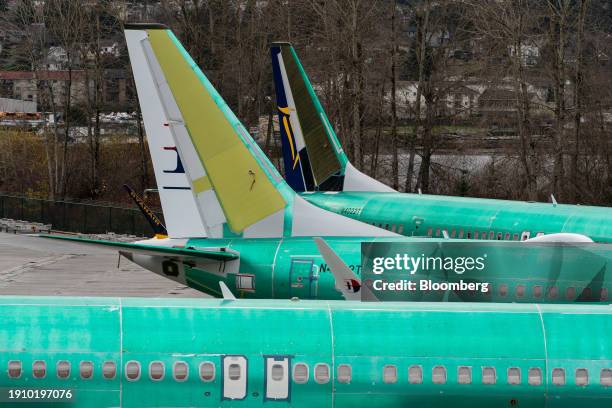 Boeing 737 Max 8 aircraft outside the company's manufacturing facility in Renton, Washington, US, on Sunday, Jan. 7, 2024. Shares of Boeing fell 7.9%...