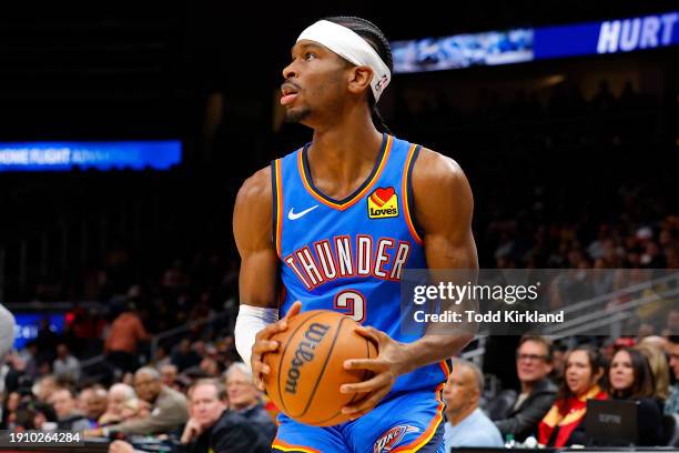Shai Gilgeous-Alexander of the Oklahoma City Thunder sets up a shot during the first quarter against the Atlanta Hawks at State Farm Arena on January...