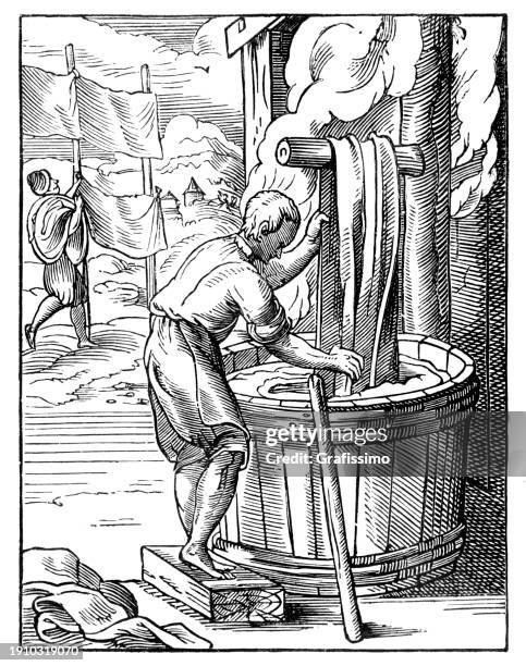ilustraciones, imágenes clip art, dibujos animados e iconos de stock de tintorería teñido tela xilografía del siglo 16 ilustración - siglo xvi ilustraciones de stock
