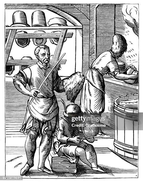 milliner manufacturing felt hat woodcut 16th century illustration - hat maker stock illustrations