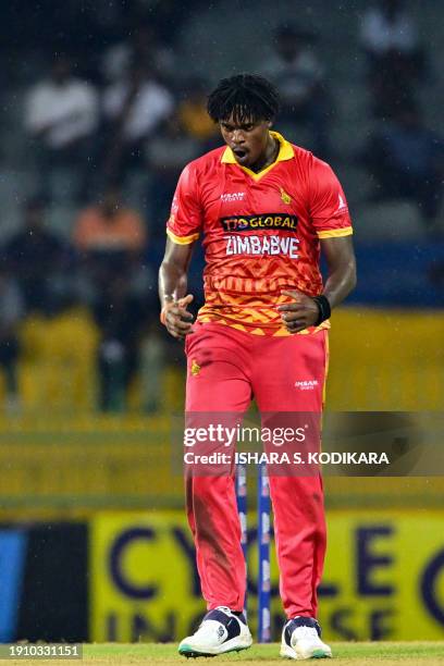 Zimbabwe's Richard Ngarava celebrates after taking the wicket of Sri Lanka's Maheesh Theekshana during the second one-day international cricket match...