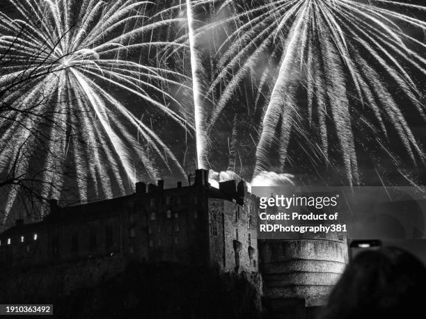 hogmanay at edinburgh castle - black and white instant print stock pictures, royalty-free photos & images