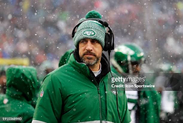 New York Jets quarterback Aaron Rodgers during a game between the New England Patriots and the New York Jets on January 7 at Gillette Stadium in...