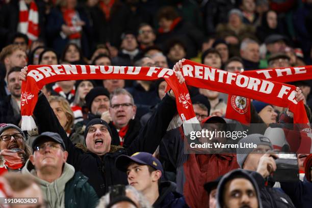 Brentford fans show their support prior to the Emirates FA Cup Third Round match between Brentford and Wolverhampton Wanderers at Gtech Community...