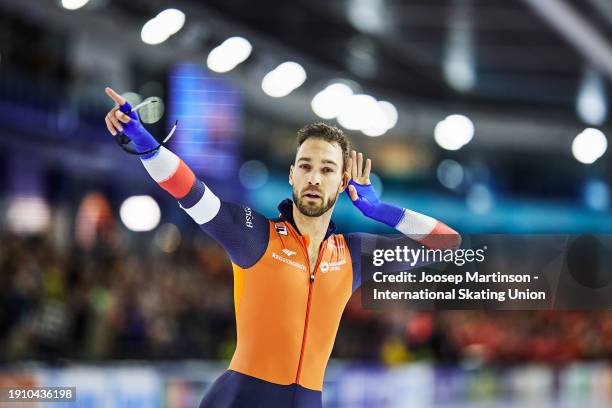 Kjeld Nuis of Netherlands celebrates in the Men's 1000m during ISU European Speed Skating Championships at Thialf on January 05, 2024 in Heerenveen,...