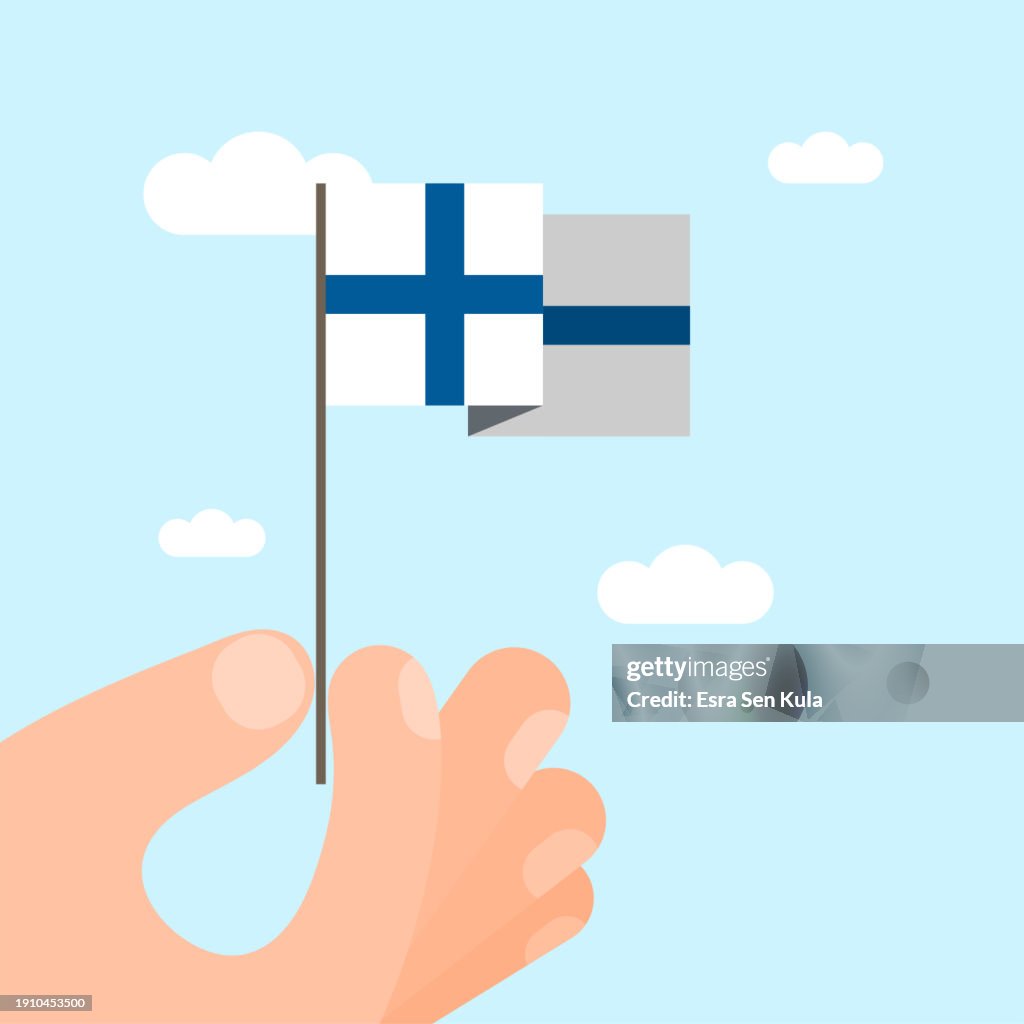 An illustration of a hand-held Finnish national flag. This minimalist style vector illustration is suitable for use on websites, web banners, posters, mailing templates, and social media.
