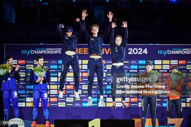Team Norway react in the Men's Team Pursuit medal ceremony during ISU European Speed Skating Championships at Thialf on January 05, 2024 in...