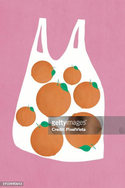 ilustrações de stock, clip art, desenhos animados e ícones de tote bag with orange fruit pattern on pink - melbourne food