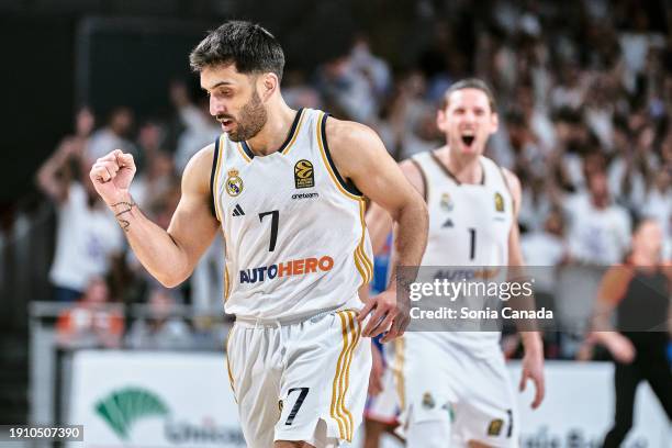Facundo Campazzo of Real Madrid reacts during the Turkish Airlines EuroLeague Regular Season Round 19 match between between Real Madrid and Anadolu...