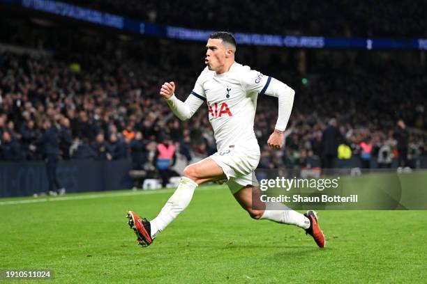 Pedro Porro of Tottenham Hotspur celebrates after scoring their team's first goal during the Emirates FA Cup Third Round match between Tottenham...
