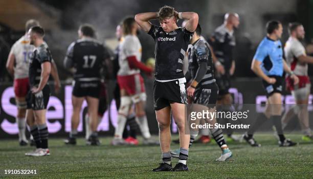 Falcons player Louie Johnson reacts dejectedly on the final whistle after the Gallagher Premiership Rugby match between Newcastle Falcons and...