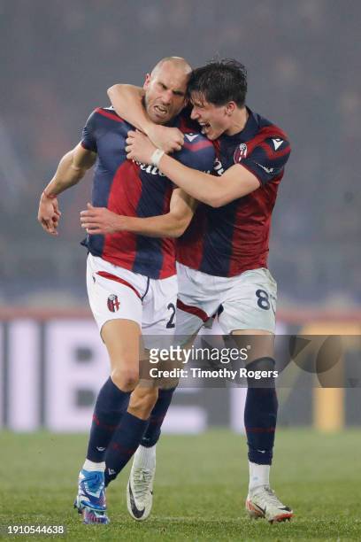 Lorenzo De Silvestri of Bologna celebrates scoring a goal with teammate Giovanni Fabbian during the Serie A TIM match between Bologna FC and Genoa...