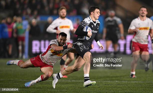 Falcons wing Adam Radwan breaks a tackle during the Gallagher Premiership Rugby match between Newcastle Falcons and Harlequins at Kingston Park on...