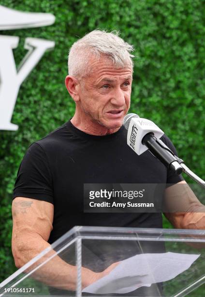 Sean Penn speaks onstage during Variety's 10 Directors To Watch & Creative Impact Awards presented by DIRECTV at Parker Palm Springs on January 05,...