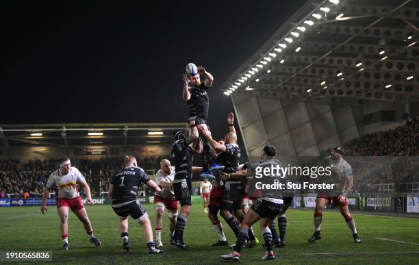 Falcons player Callum Chick wins a lineout ball during the Gallagher Premiership Rugby match between Newcastle Falcons and Harlequins at Kingston...