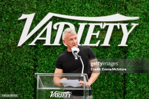 Sean Penn speaks onstage during Variety's 10 Directors To Watch & Creative Impact Awards presented by DIRECTV at Parker Palm Springs on January 05,...