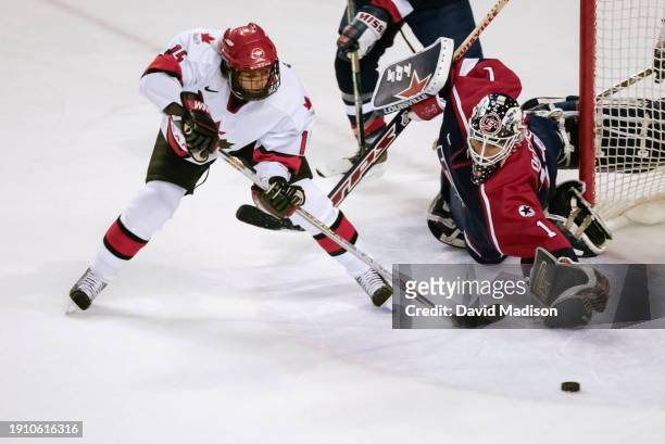 Goalie Sara DeCosta of the USA attempts to save a shot from Danielle Goyette of Canada during the gold medal match played February 21, 2002 during...
