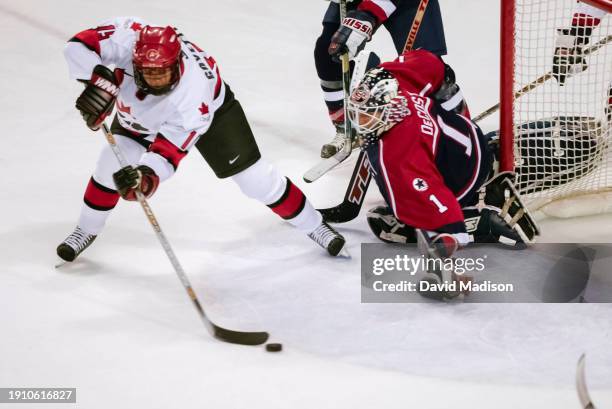 Goalie Sara DeCosta of the USA attempts to save a shot from Danielle Goyette of Canada during the gold medal match played February 21, 2002 during...