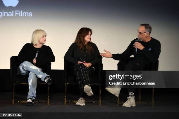 Billie Eilish, Maggie Baird and Patrick O'Connell attend Apple's special screening and Q+A of Billie Eilish: The World's A Little Blurry at Harmony...