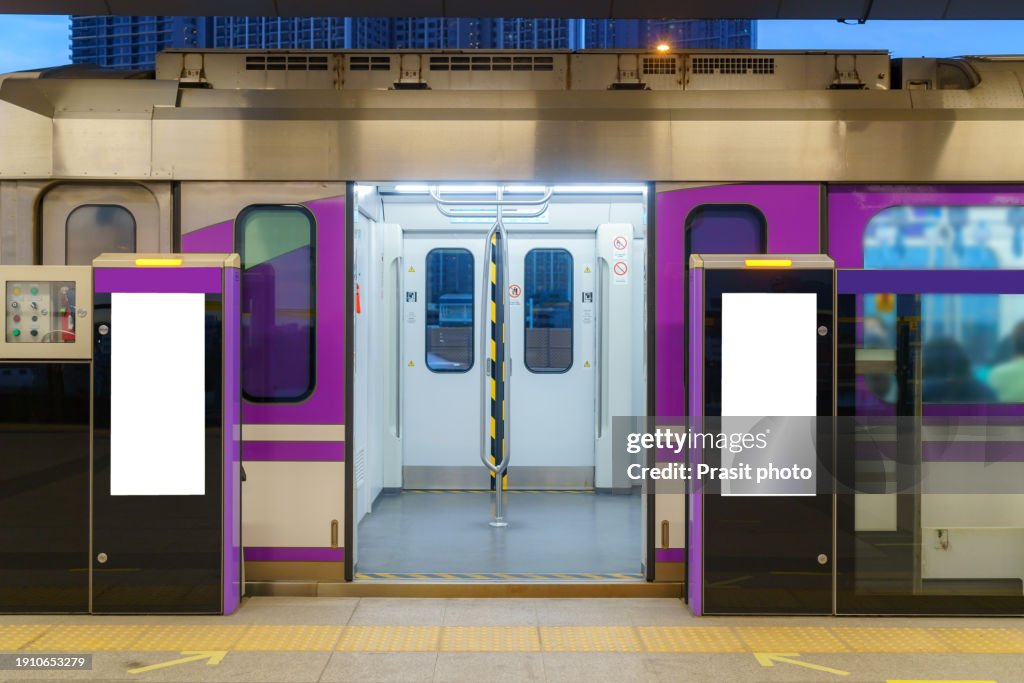 White billboard mock up is located on subway or train station to advertise