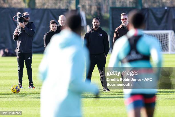 Bournemouth investor Michael B Jordan watches from the side lines during a training session at Vitality Stadium on January 05, 2024 in Bournemouth,...