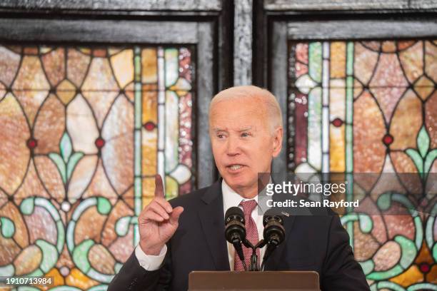 President Joe Biden speaks during a campaign event at Emanuel AME Church on January 8, 2024 in Charleston, South Carolina. The church was the site of...
