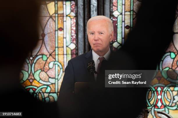 Protestor interrupts U.S. President Joe Biden during a campaign event at Emanuel AME Church on January 8, 2024 in Charleston, South Carolina. The...