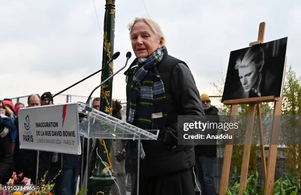 French fashion designer Agnes Trouble known for her fashion brand 'Agnes B.' speaks during the inauguration of British rock music and pop icon David...
