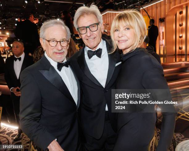 Steven Spielberg, Harrison Ford and Kate Capshaw at the 81st Golden Globe Awards held at the Beverly Hilton Hotel on January 7, 2024 in Beverly...