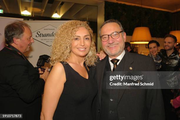 Eser Akbaba and Heinz Stiasny attend the Charity New Year's Reception from Dancer Against Cancer at Strandcafé an der Alten Donau on January 8, 2024...