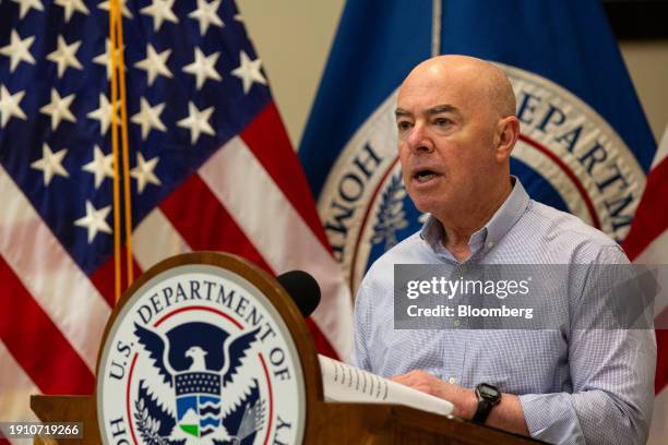 Alejandro Mayorkas, secretary of the US Department of Homeland Security , during a news conference while visiting the US-Mexico border in Eagle Pass,...