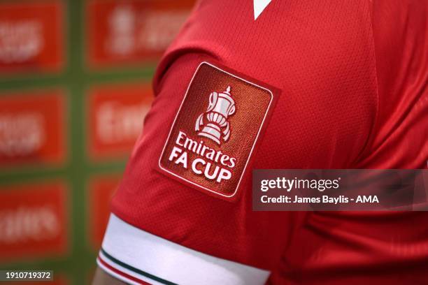 An Emirates FA Cup logo on the shirt sleeve of a Wrexham top after the Emirates FA Cup Third Round match between Shrewsbury Town and Wrexham at New...