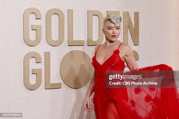 Florence Pugh arrives on the red carpet at the 81st Annual Golden Globe Awards, airing live from the Beverly Hilton in Beverly Hills, California on...