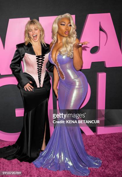 Rapper Megan Thee Stallion and singer-songwriter Reneé Rapp arrive for the premiere of Paramount Pictures' "Mean Girls" at AMC Lincoln Square in New...