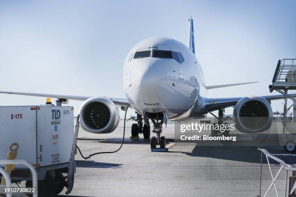 An Alaska Airlines Boeing 737 Max-9 aircraft grounded at Los Angeles International Airport in Los Angeles, California, US, on Monday, Jan. 8, 2024....