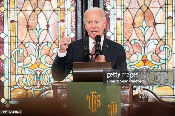 President Joe Biden speaks during a campaign event at Emanuel AME Church on January 8, 2024 in Charleston, South Carolina. The church was the site of...