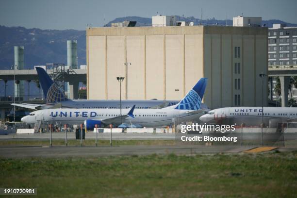 United Airlines Boeing 737 Max-9 aircraft grounded at Los Angeles International Airport in Los Angeles, California, US, on Monday, Jan. 8, 2024....