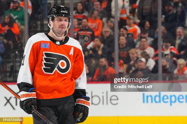 Scott Laughton of the Philadelphia Flyers looks on against the Pittsburgh Penguins in the second period at the Wells Fargo Center on January 8, 2024...