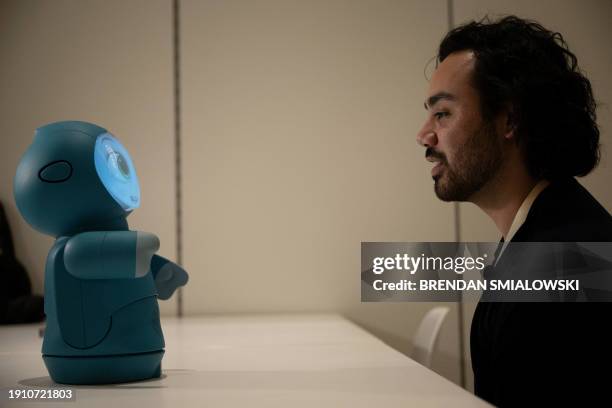 The Moxie Robot from Embodied, Inc., which will be updated with AI, is seen during a demonstration at the Venetian Resort during the Consumer...