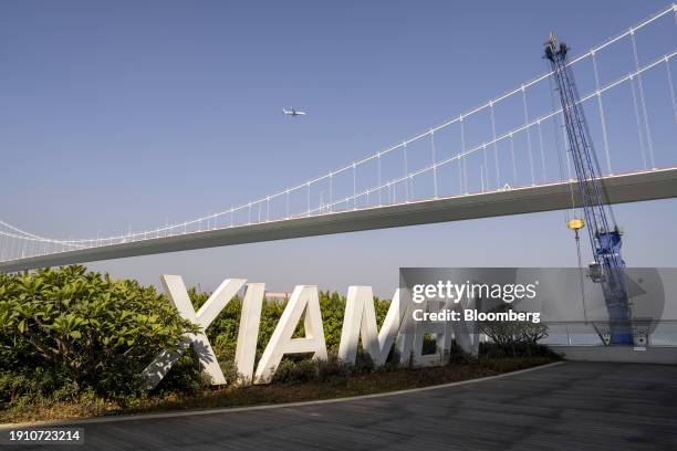 Sign reading "Xiamen" in Xiamen, China, on Friday, Jan. 5, 2024. Chinese authorities indicated they may lower the amount of money banks must set...