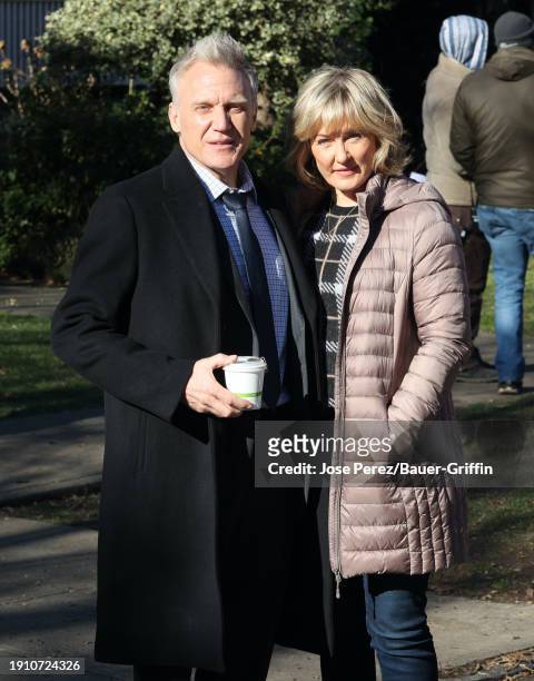 Terry Serpico and Amy Carlson are seen on the set of "Law and Order: Special Victims Unit" set in Brooklyn on January 08, 2024 in New York City.