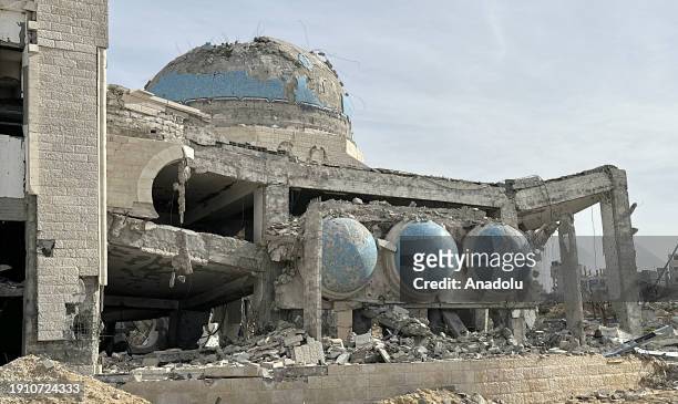 View of demolished blue domed Sheikh Zayed Mosque following an Israeli attack on Sheikh Zayed area of Gaza City, Gaza on January 08, 2024.