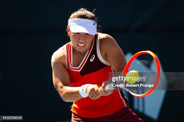 Claire Liu of the United States in action against Daria Kasatkina in the women's singles first round on Day 2 of the 2024 Adelaide International at...