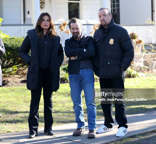 Mariska Hargitay, Max Casella and Ice T are seen on the set of "Law and Order: Special Victims Unit" set in Brooklyn on January 08, 2024 in New York...
