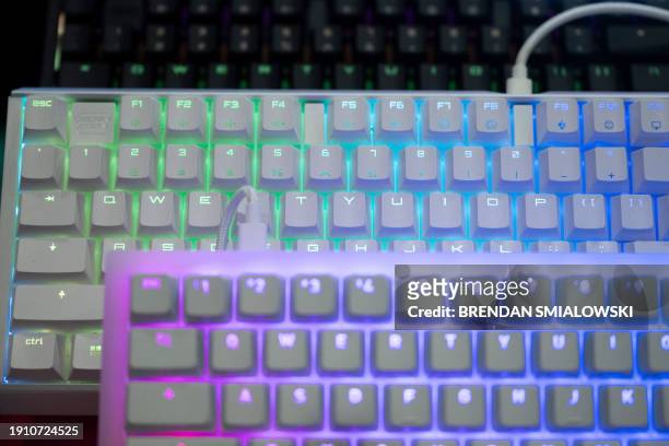 Keyboards from Cherry are seen during Pepcom's Digital Experience at the The Mirage resort during the Consumer Electronics Show in Las Vegas, Nevada...