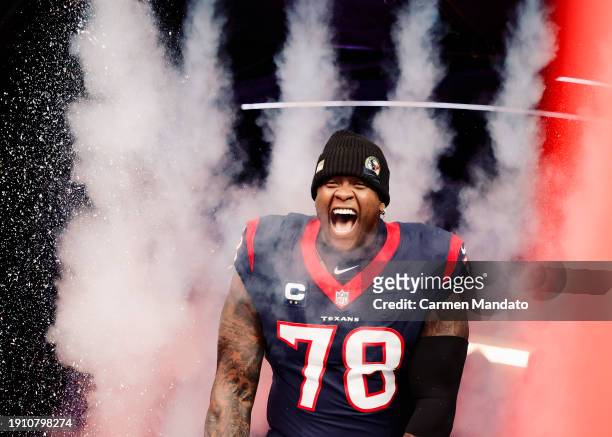 Laremy Tunsil of the Houston Texans takes the field to face the Tennessee Titans at NRG Stadium on December 31, 2023 in Houston, Texas.
