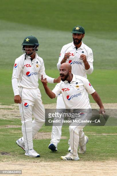 Sajid Khan of Pakistan celebrates the wicket of Usman Khawaja of Australia during day four of the Men's Third Test Match in the series between...