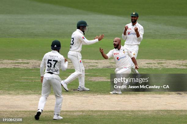 Sajid Khan of Pakistan celebrates the wicket of Usman Khawaja of Australia during day four of the Men's Third Test Match in the series between...