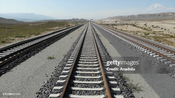 An aerial view of construction of roads and railways continuing that they will pass through the Zangezur Corridor, which will connect the western...