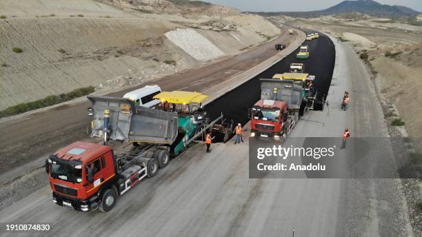 An aerial view of construction of roads and railways continuing that they will pass through the Zangezur Corridor, which will connect the western...